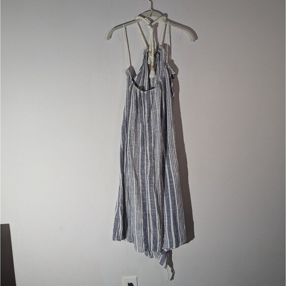 Aerie Blue Linen Blend Striped Halter Fringe Beachy Dress Size S/XS - Picture 4 of 6